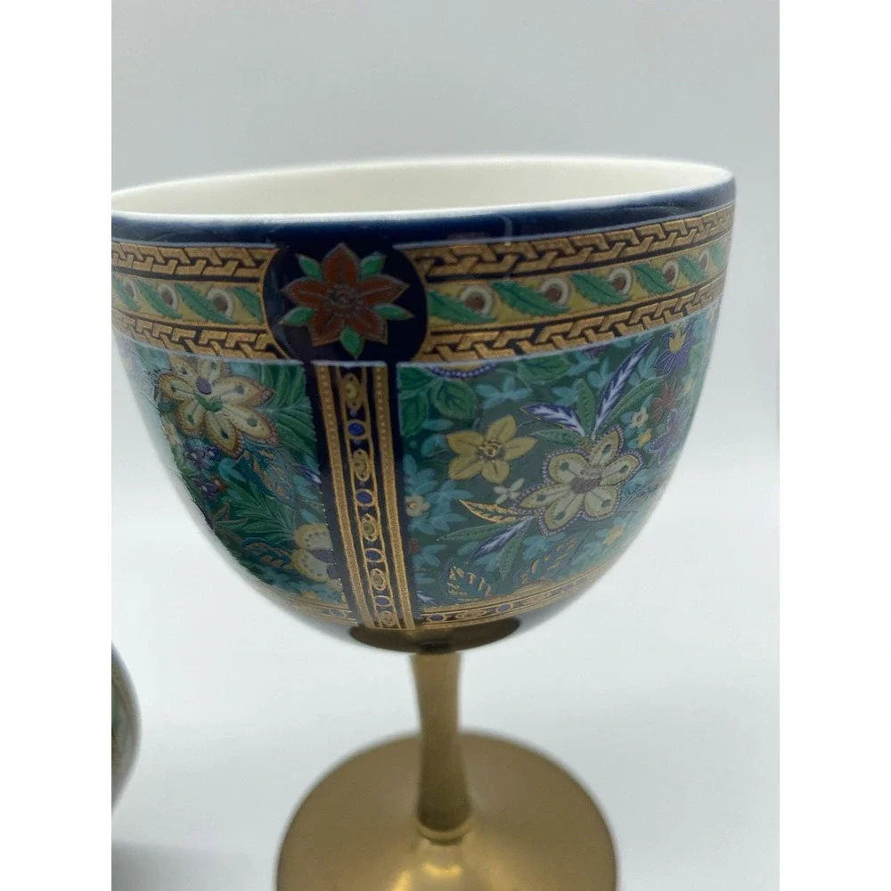 Vintage Pair Kutani Yaki Ware Japan Porcelain Brass Stem‎ Sake Wine Cup Goblet